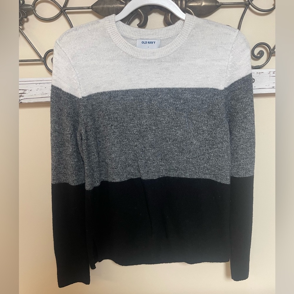 Old Navy Black, Gray, and White Striped Sweater, Size Medium